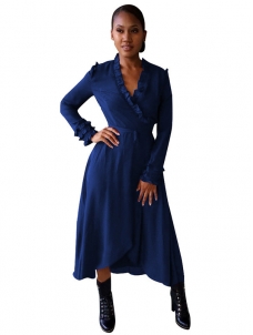 Blue Trendy V Neck Falbala Design Midi Dress