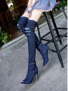 Dark Blue Over Knee Open Toe Jeans Boots