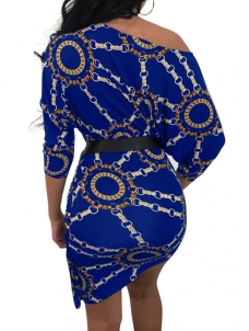 Euramerican Dew Shoulder  Printing Blue Mini Dress