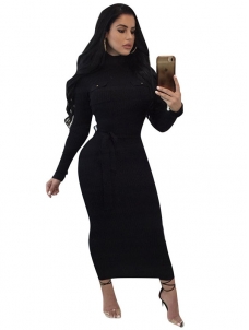 Euramerican Long Sleeves Black Polyester Mid Calf Dress