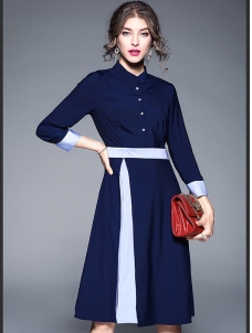 Fashion Buttoned A-line Stand Collar Midi Dress