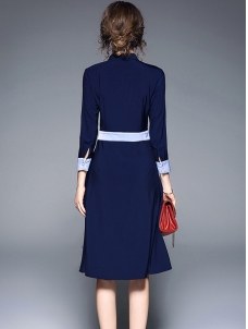 Fashion Buttoned A-line Stand Collar Midi Dress