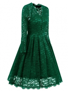 Green Fashion Lace Trim Patchwork Dress