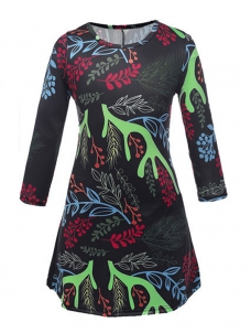 Green Round Neck Long Sleeves Polyester Printed Casual Dress