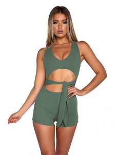 Green Sexy V Neck Lace-up Hollow-out Jumpsuits