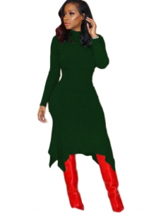 Green Trendy Turtleneck Asymmetrical Dress