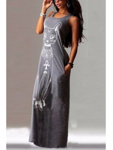 Grey Cat Print Sheath Ankle Length Casual Dress 