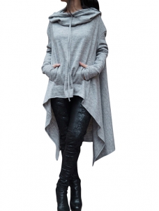 Grey Fashion Asymmetrical Hem Pullover Hooodies