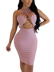 Pink Hollow-out Knee Length Bodycon Dress