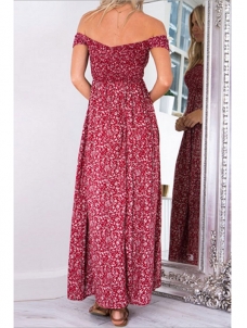 Red Dew Shoulder High Split  Maxi Dress 