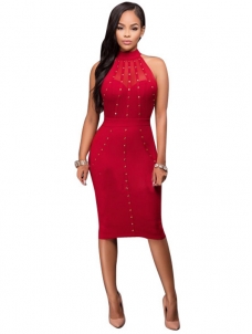 Red Elegant Women Fashion Sleeveless Midi Dress