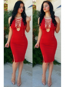 Red Lace-up Hollow-out Side Split Dress