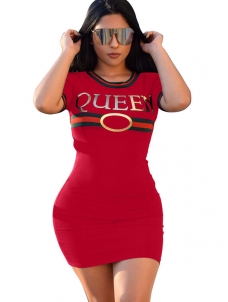 Red Round Neck Letters Printed Casual Dress