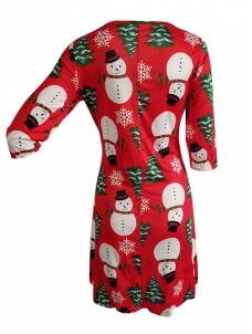 Red Round Neck Long Sleeves Polyester Printed Casual Dress