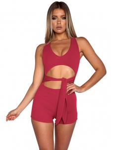 Red Sexy V Neck Lace-up Hollow-out Jumpsuits