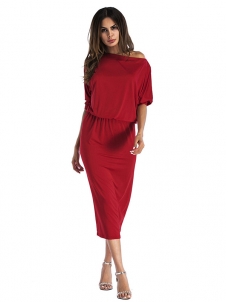Red Stylish Dew Shoulder Asymmetrical  Dress