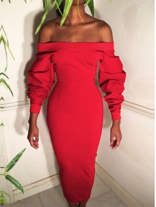Red Trendy Dew Shoulder Long Sleeves Dress