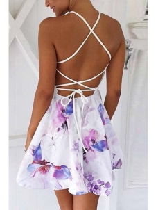 Sexy Lace-up Backless Printed Polyester Casual Dress