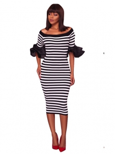 Trendy Dew Shoulder Striped Gauze Splicing Dress 