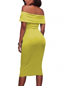 Trendy Dew Shoulder Yellow Sheath Dress 