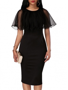 Trendy Round Neck Gauze Patchwork Black Dress