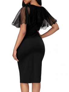 Trendy Round Neck Gauze Patchwork Black Dress