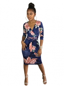 Trendy V Neck Floral Print Polyester Sheath Knee Length Dress