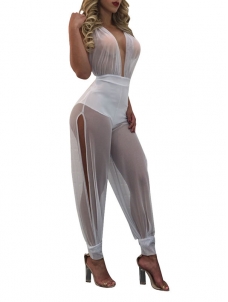 White Sexy Sleeveless See-Through Jumpsuits