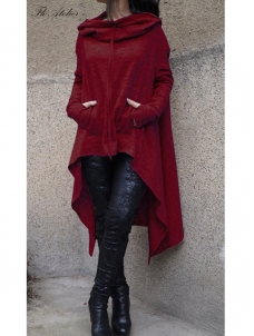 Wine Red Asymmetrical Hem Pullover Hooodies