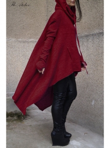 Wine Red Asymmetrical Hem Pullover Hooodies