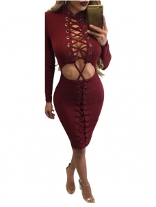 Wine Red Lace-up Hollow-out Bodycon Dress