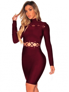 Wine Red Round Neck Hollow-out Bodycon Dress 