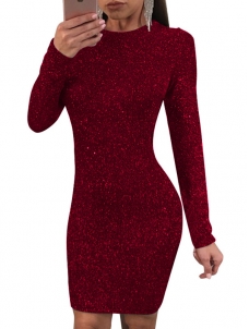 Wine Red Round Neck Lace-up Bodycon Dress