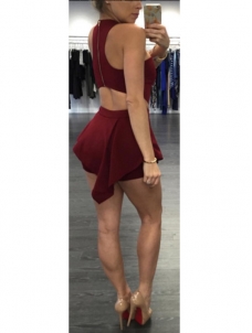 Wine Red Round Neck Sleeveless Hollow-out  Jumpsuits