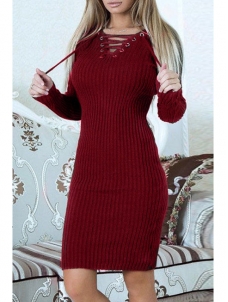 Wine Red Sexy V Neck Lace-up Sweater Dress
