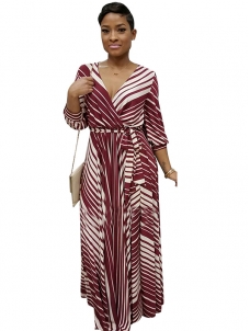 Wine Red Stripe Printed Ankle Length Casual Dress