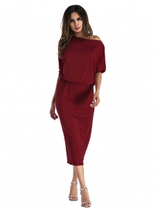 Wine Red  Dew Shoulder Asymmetrical  Dress