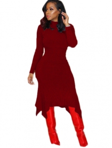 Wine Red Trendy Turtleneck Asymmetrical Dress