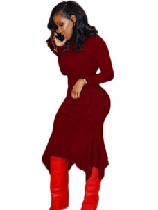 Wine Red Trendy Turtleneck Asymmetrical Dress