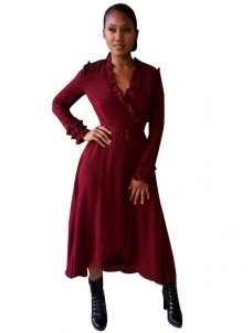 Wine Red V Neck Falbala Design Midi Dress