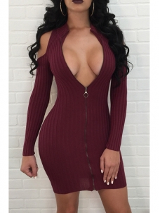 Wine Red V Neck Zipper Design Sweater Dress 