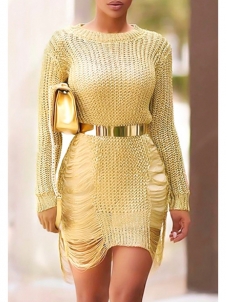 Yellow Round Neck Hollow-out Sweater Dress