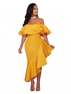 Yellow S-XXL Sexy Bateau Neck Maxi Dress