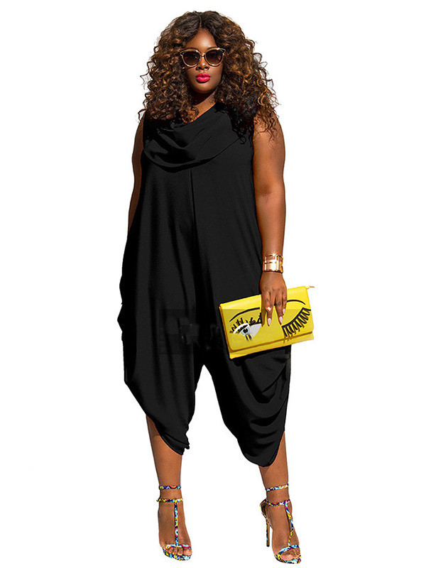 Black Heaps Collar Ruched Plus Size Jumpsuit