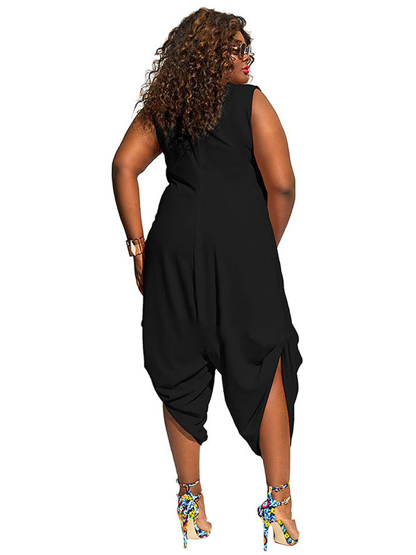 Black Heaps Collar Ruched Plus Size Jumpsuit