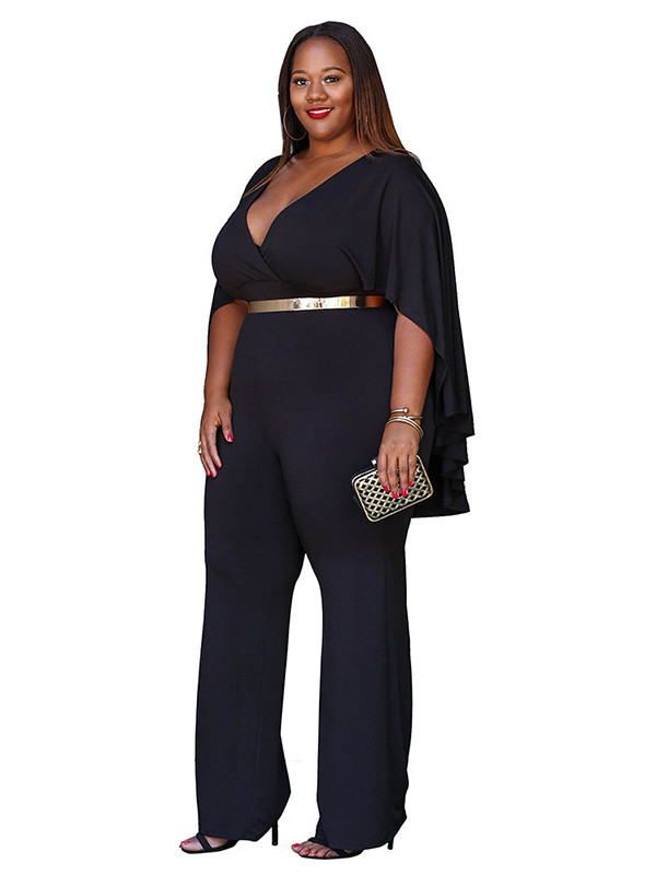 Black L-3XL Sexy V Neck Plus Size Jumpsuit 