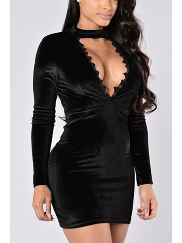 Black Long Sleeves Lace Trim Patchwork Dress