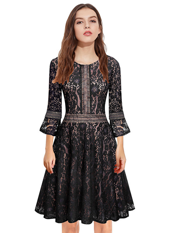Black S-XXL Fashion Floral Printed Lace Dress
