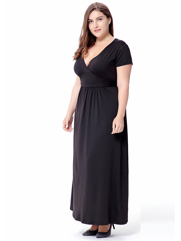 Black Sexy V Neck Short Sleeve Plus Size Dress