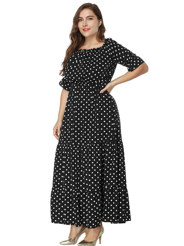 Black Short Sleeve Dot Printed Plus Size Dress